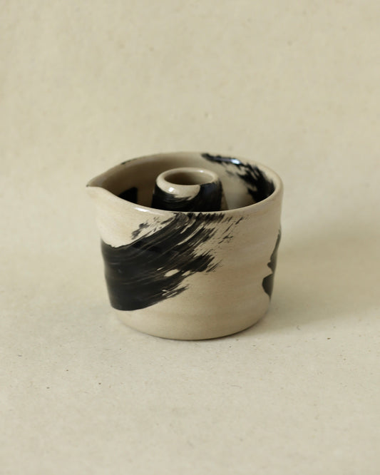 stoneware ceramic matcha set in black underglazed brush strokes, ceramics handmade in amsterdam