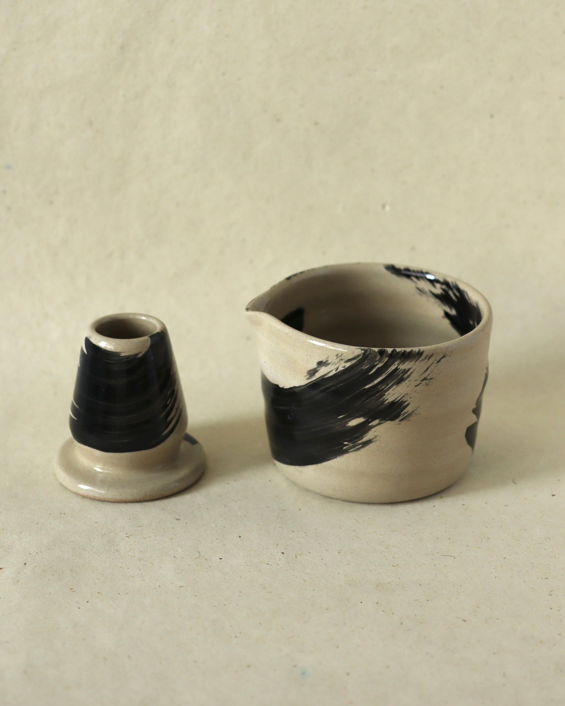 stoneware ceramic matcha set in black underglazed brush strokes, ceramics handmade in amsterdam