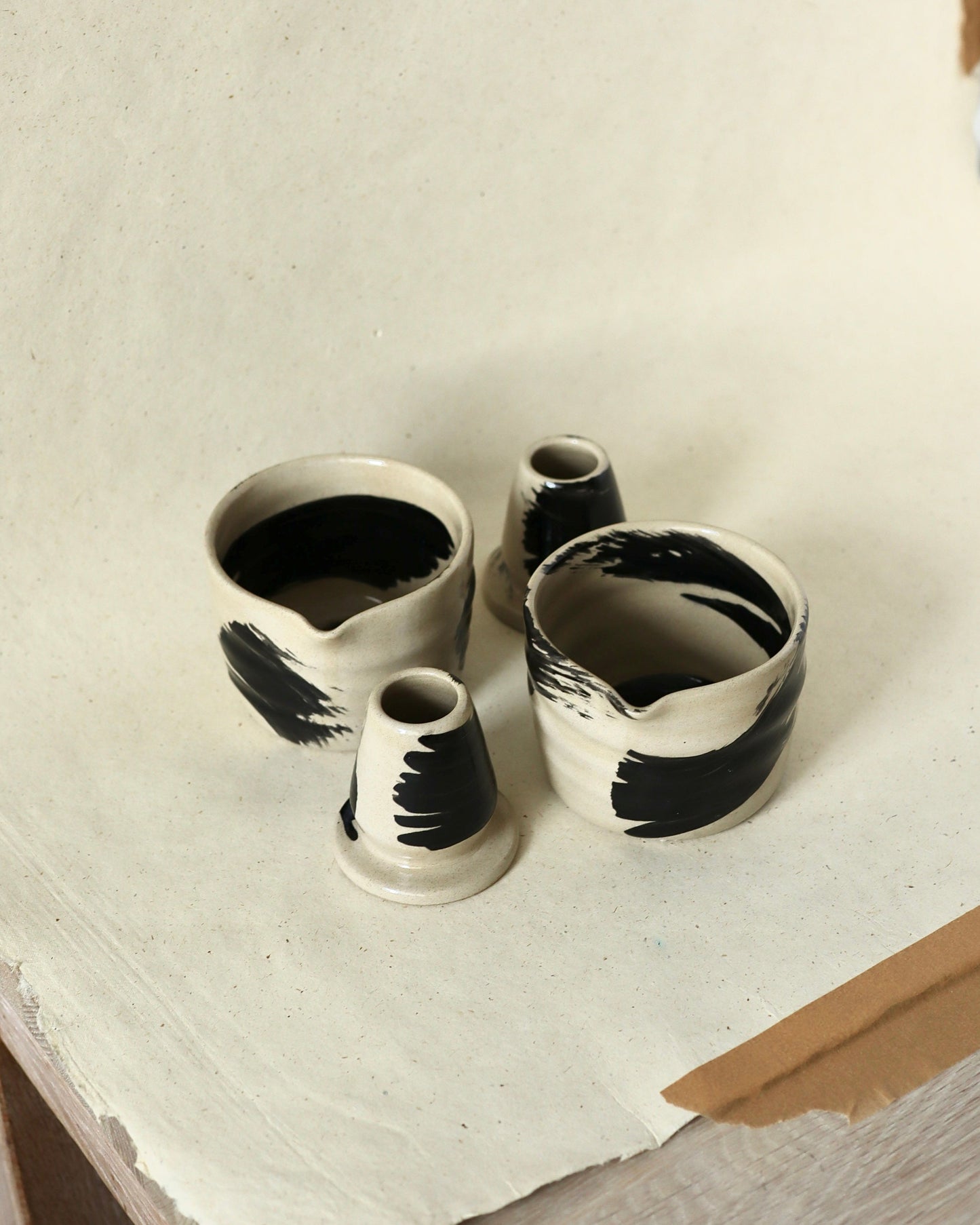 stoneware ceramic matcha set in black underglazed brush strokes, ceramics handmade in amsterdam