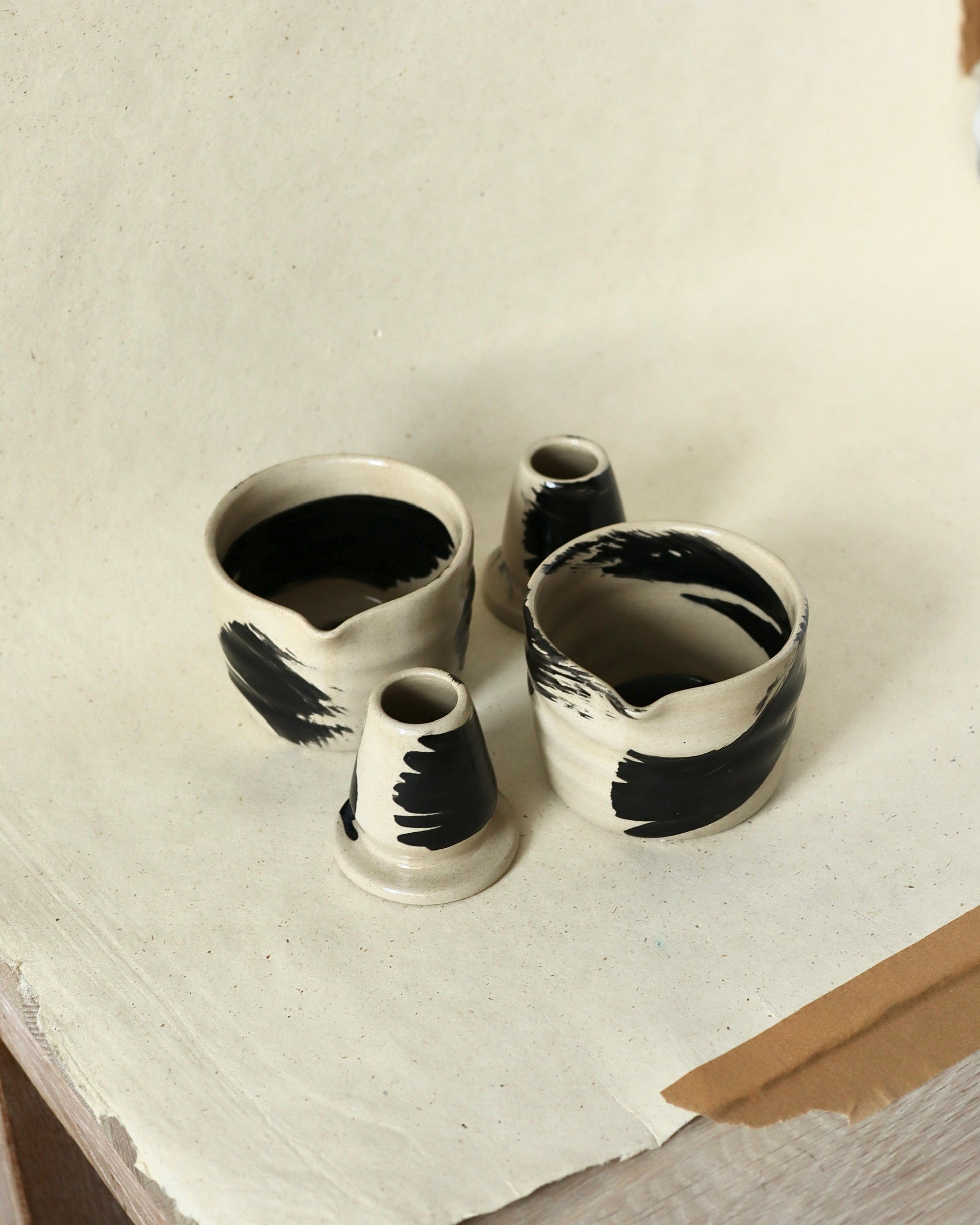 stoneware ceramic matcha set in black underglazed brush strokes, ceramics handmade in amsterdam