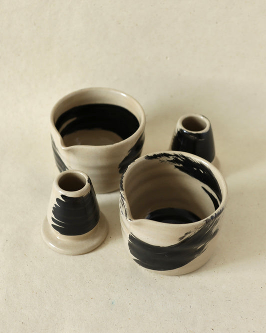 Handmade and wheelthrown ceramic white stoneware matcha set, in a playful brush-stroked pattern including a whisk holder. 
