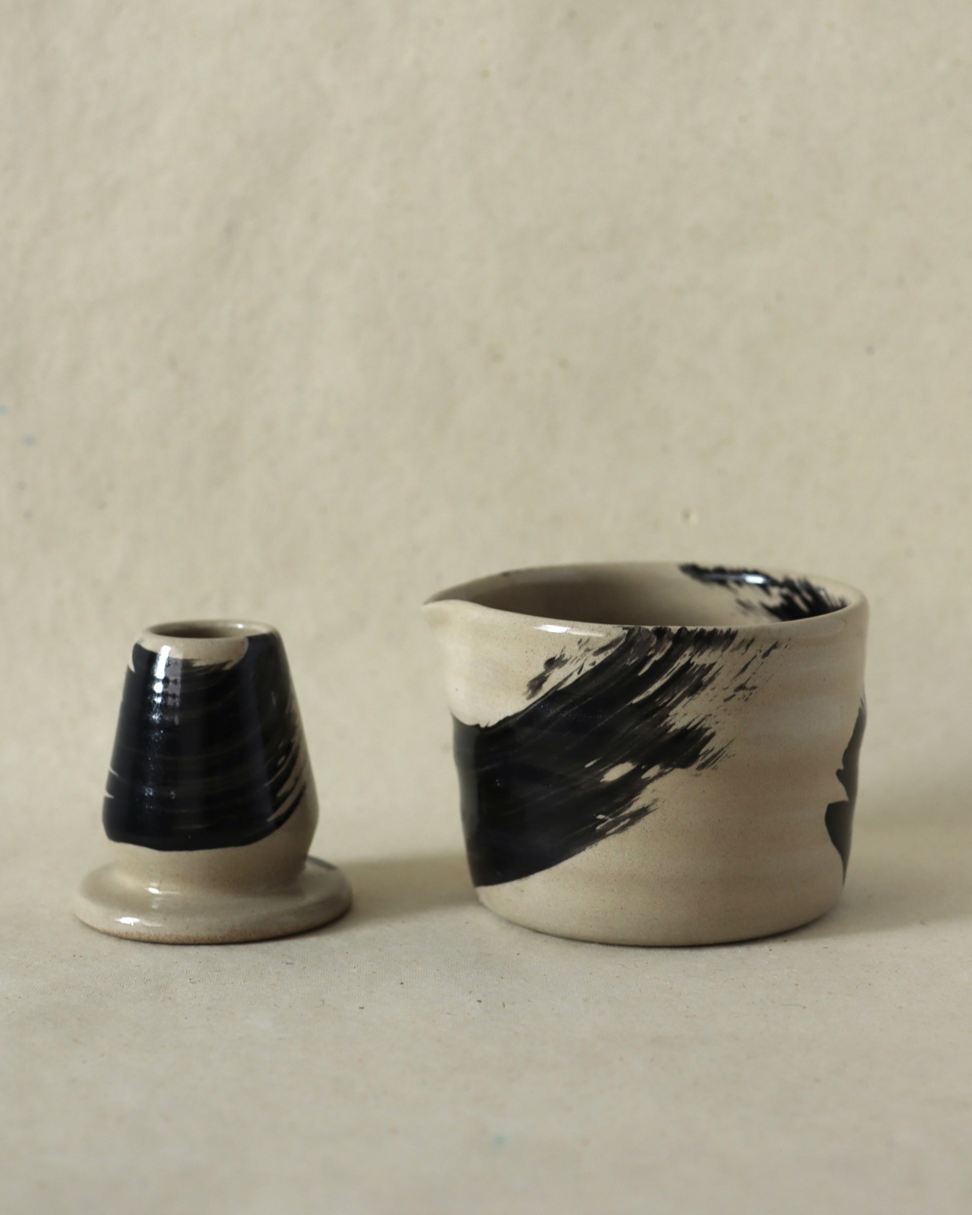 stoneware ceramic matcha set in black underglazed brush strokes, ceramics handmade in amsterdam