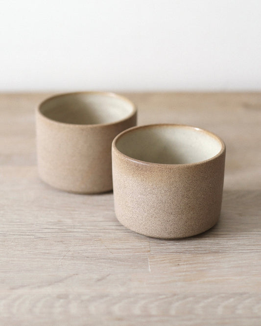 Terra Espresso Cup Set – handmade toffee stoneware cups with raw unglazed exterior and matte white glazed interior, crafted in Amsterdam by Zeyah Ceramics.