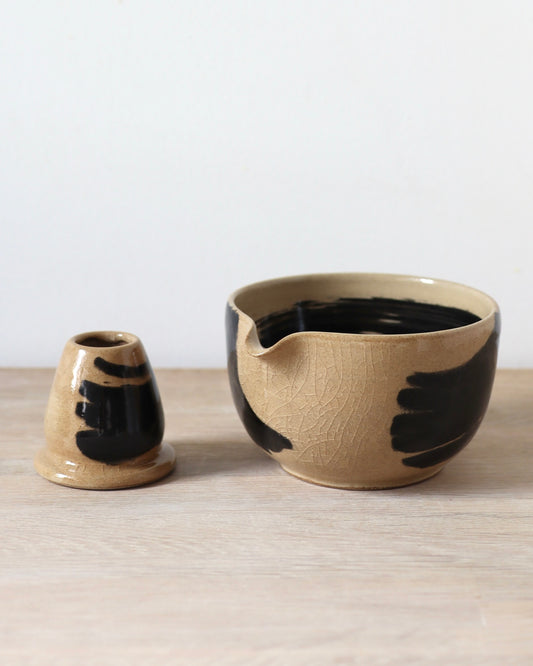 Brush-Stroked Matcha Set – handmade white stoneware bowl and whisk holder with expressive black brush-strokes and clear glaze, crafted in Amsterdam by Zeyah Ceramics.